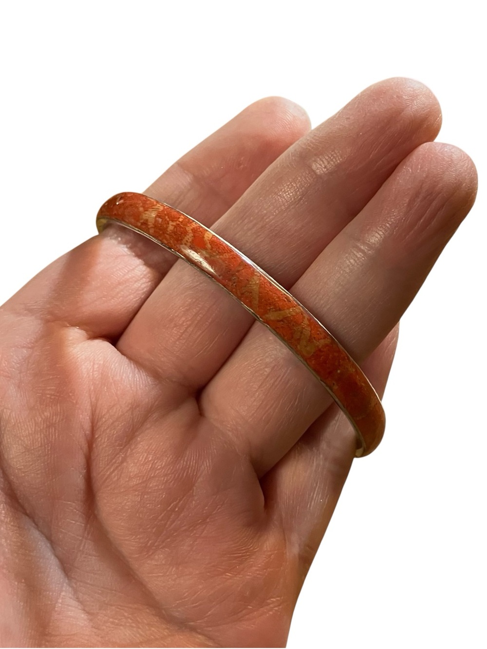 Apple Coral Stone Inlay Bangle Bracelet Silver Tone 8”